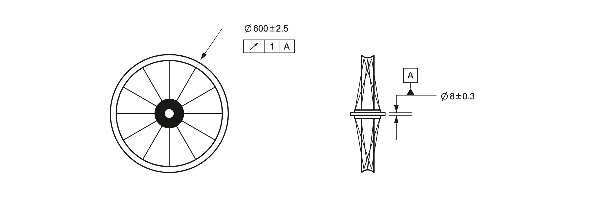 바퀴 Ø600±2.5에 원주흔들림공차 1(데이텀 A)을 지시하고, 측면도의 차축 Ø8±0.3을 데이텀 피쳐 A로 정한 도면