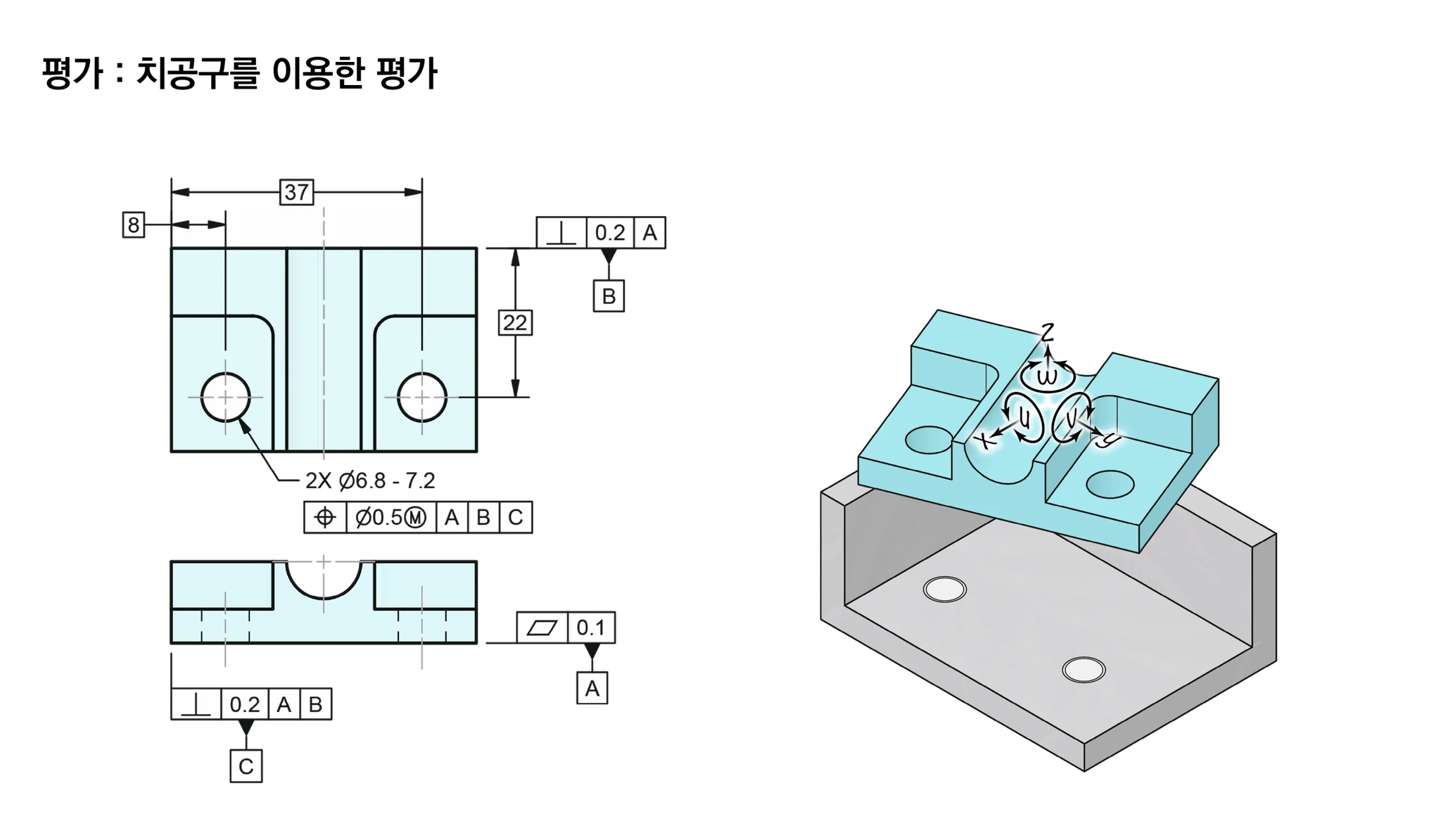 자유도 6개를 모두 가진 부품을 치공구 위로 들어 올린 모습