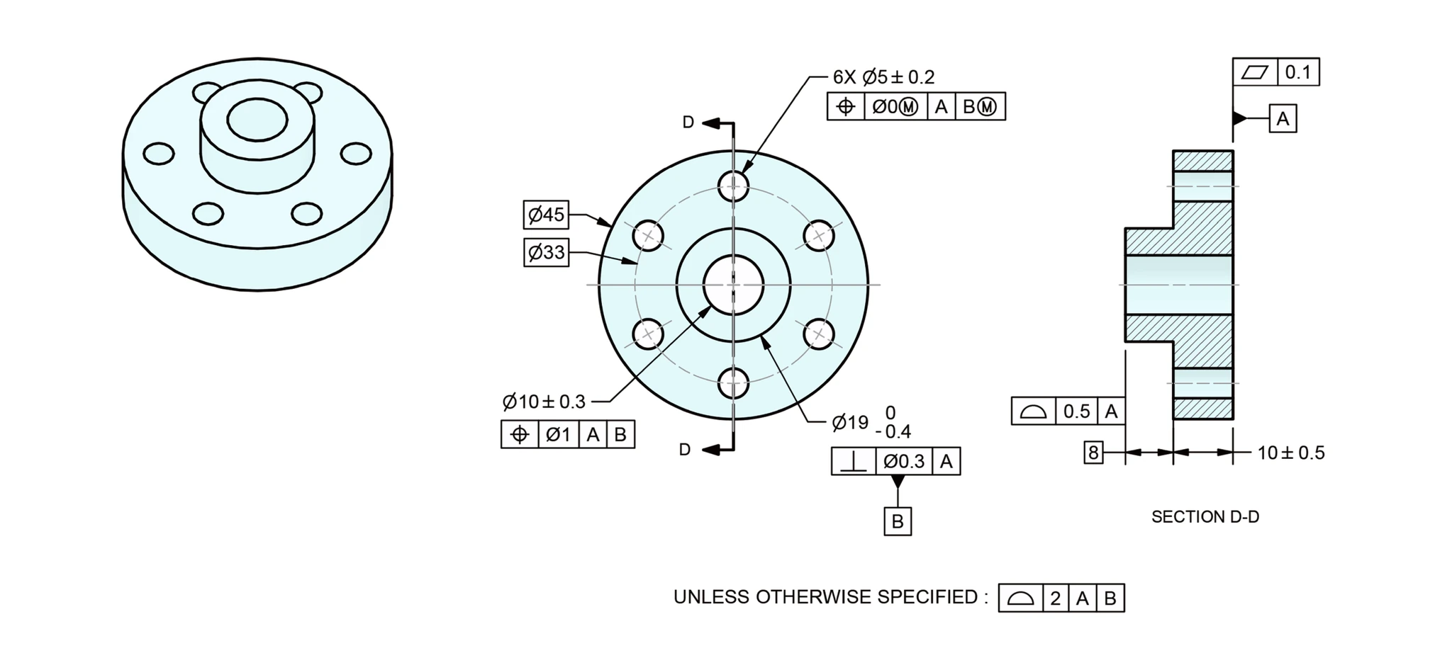 6X Ø5 홀과 보스가 있는 플랜지의 3D 모델과 위치도·직각도·면윤곽이 지시된 도면·단면도
