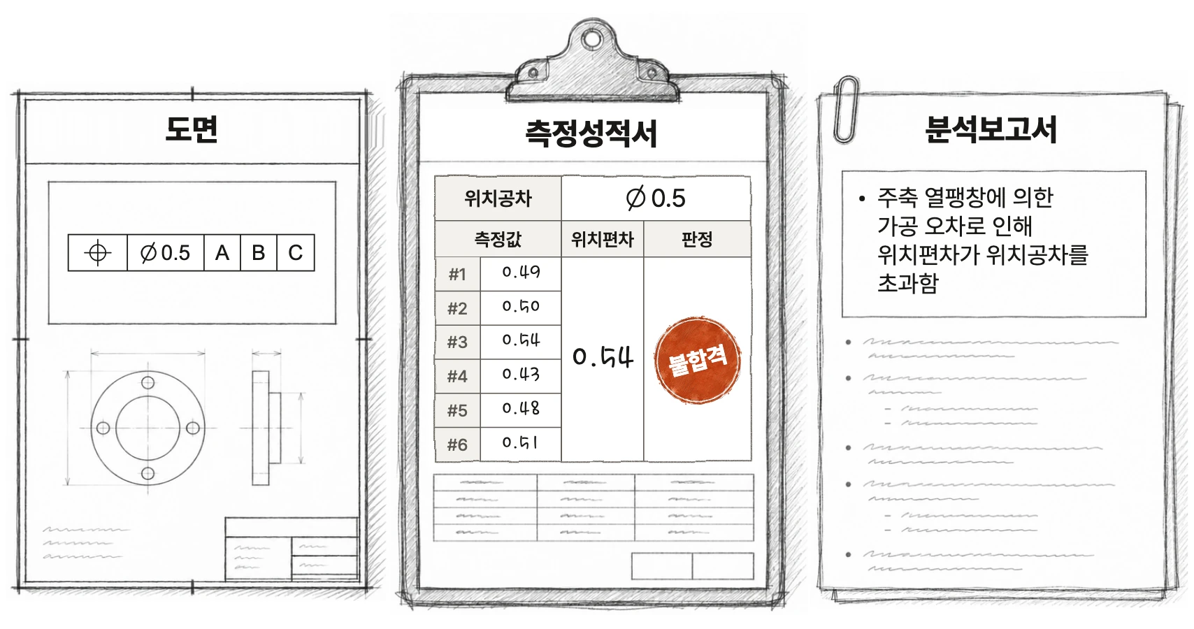 도면·측정성적서·분석보고서 비교 — 도면의 위치공차 Ø0.5, 측정성적서의 부품 6개 위치편차 중 최대 0.54로 불합격 판정, 분석보고서의 주축 열팽창에 의한 가공 오차 설명