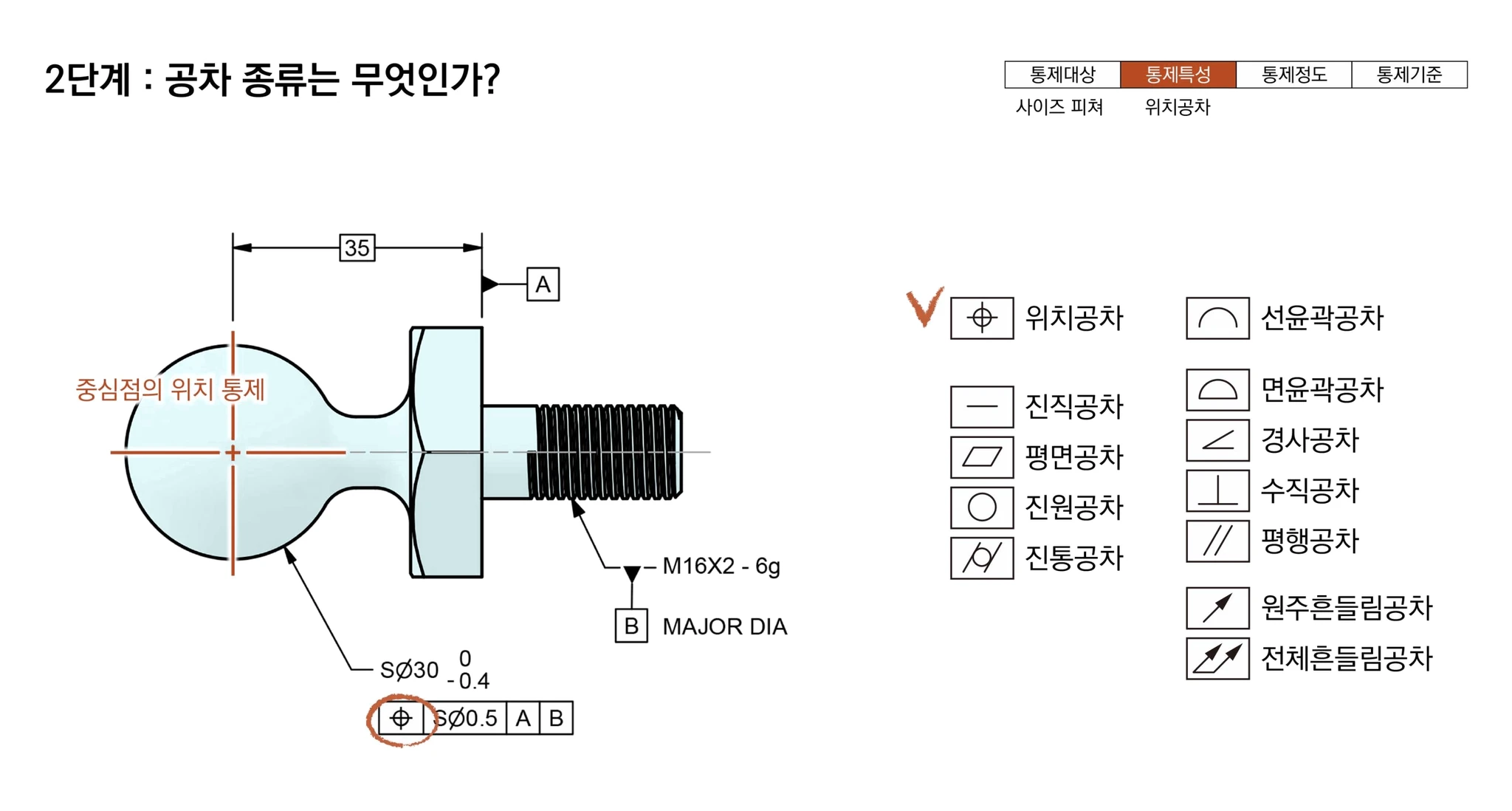 구 중심점의 위치를 통제하는 공차 종류가 위치공차임을 고르는 2단계