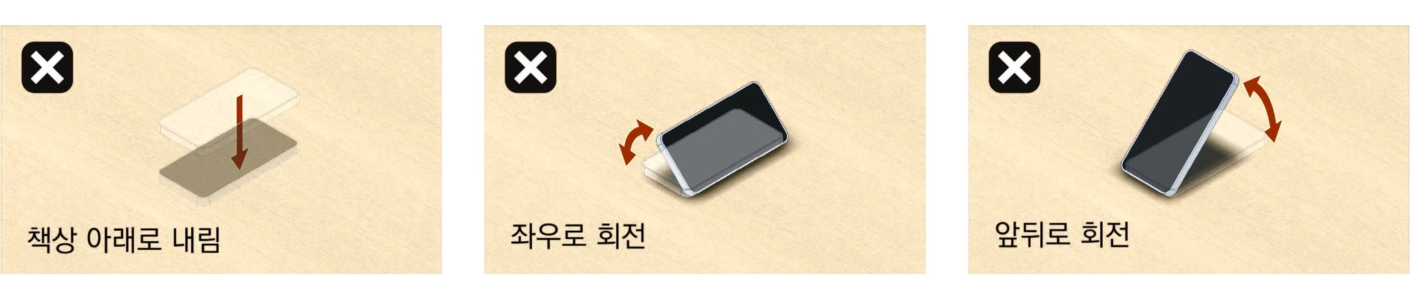 책상면이 막는 스마트폰의 세 가지 자유도 — 아래로 내림, 좌우 회전, 앞뒤 회전