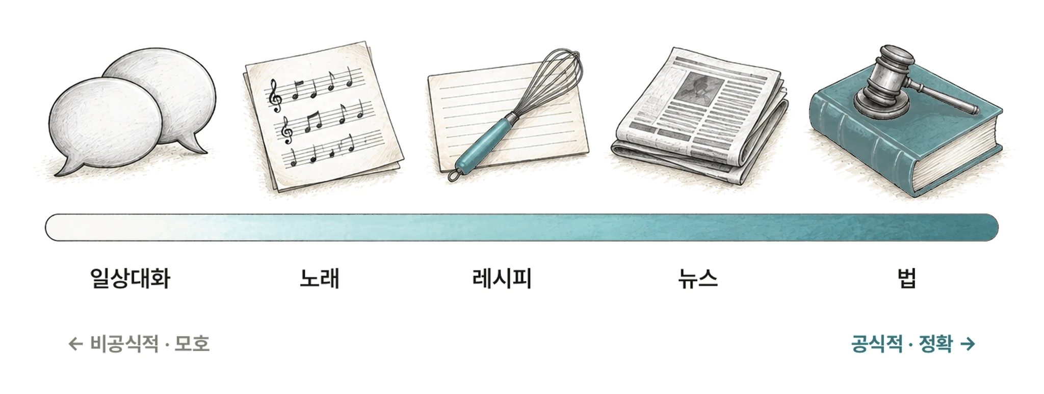 일상대화·노래·레시피·뉴스·법을 비공식적·모호에서 공식적·정확 순으로 늘어놓은 소통 정확도 막대