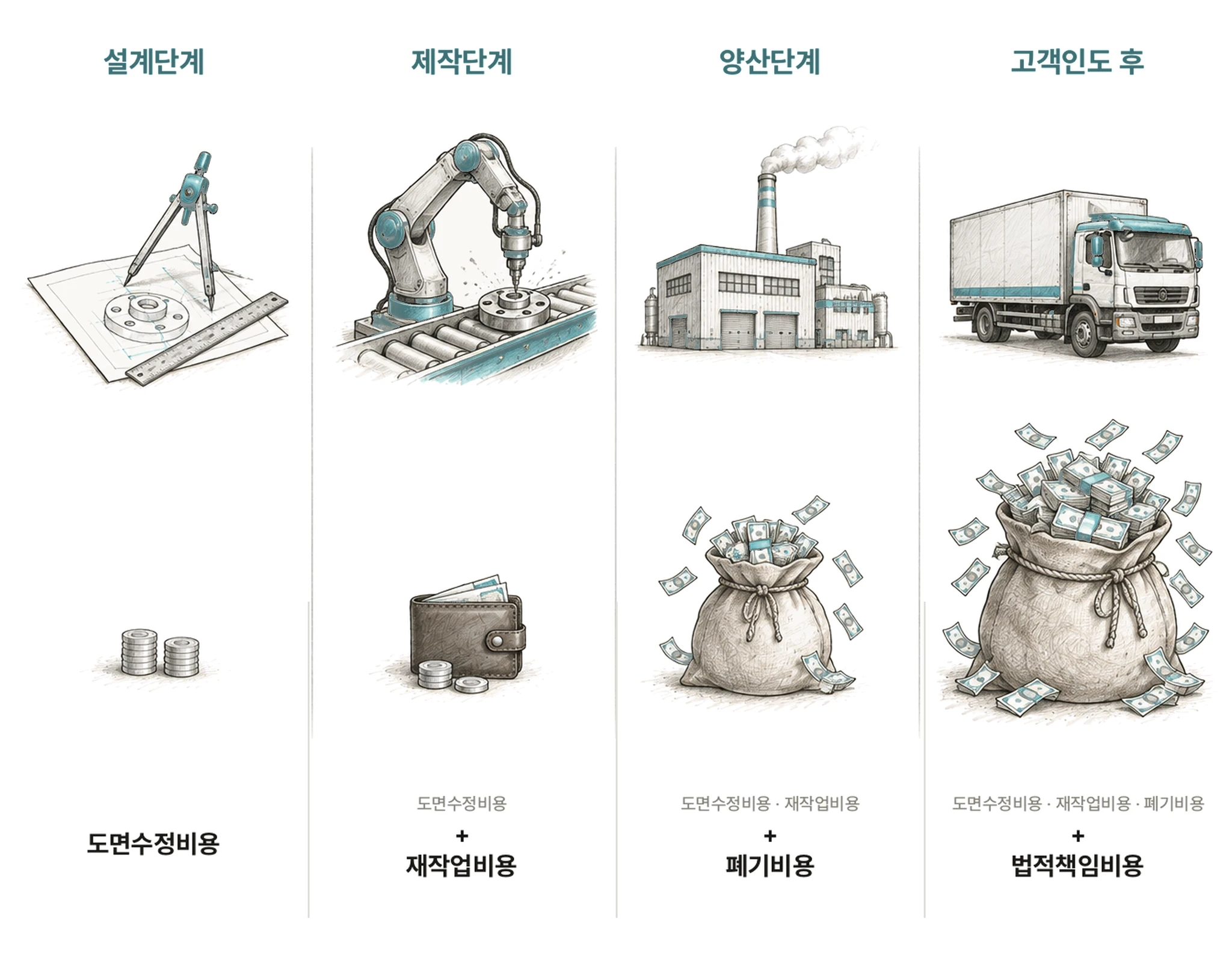 설계·제작·양산·고객인도 후로 갈수록 도면수정비용에 재작업·폐기·법적책임비용이 더해져 불어나는 도면 오류 비용