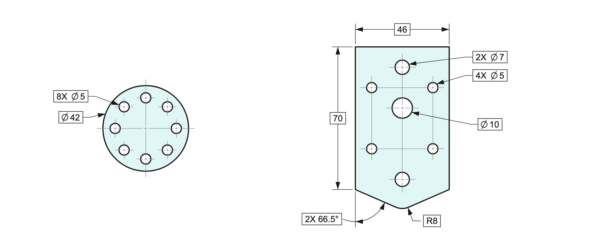 8홀 원판(8X Ø5 · Ø42)과 패턴홀 판(46 · 70 · 2X Ø7 · 4X Ø5 · Ø10 · 2X 66.5° · R8)의 크기를 기준치수로 정의