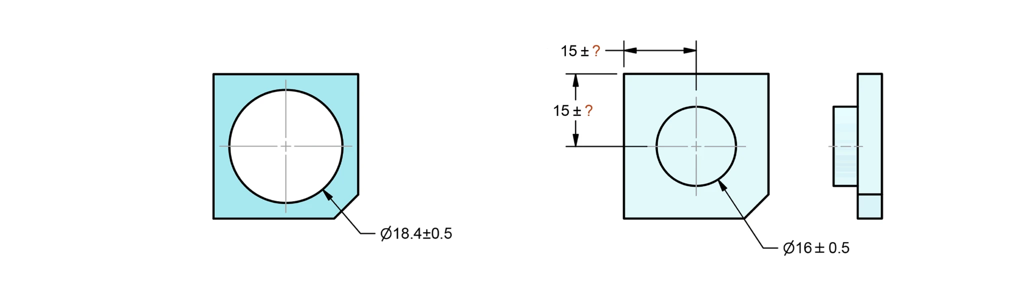 Ø18.4±0.5 구멍이 있는 판과, Ø16±0.5 보스 위치를 15±? 치수로 지시한 부품 도면과 측면도