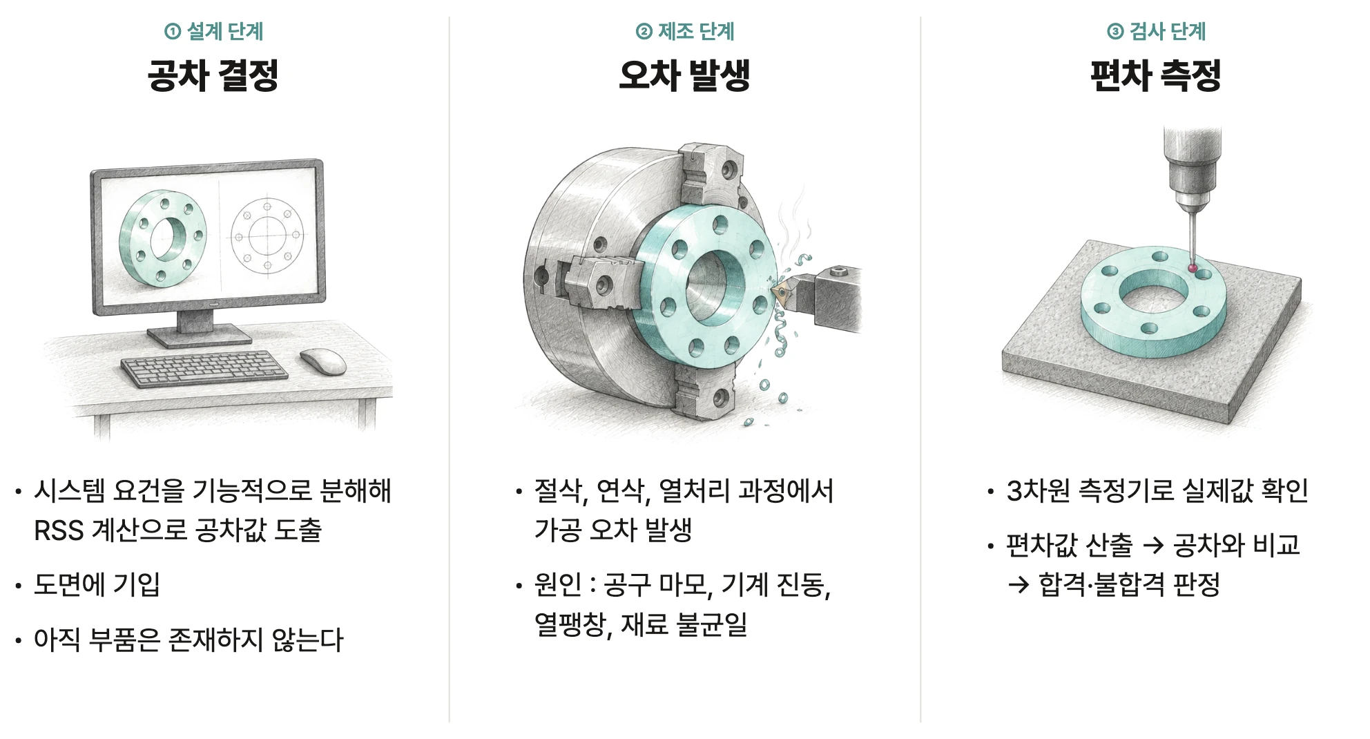 설계·제조·검사 세 단계 — 설계 단계에서 공차를 결정하고(컴퓨터 화면의 CAD 모델), 제조 단계에서 오차가 생기며(선반 가공), 검사 단계에서 편차를 잰다(3차원 측정기)